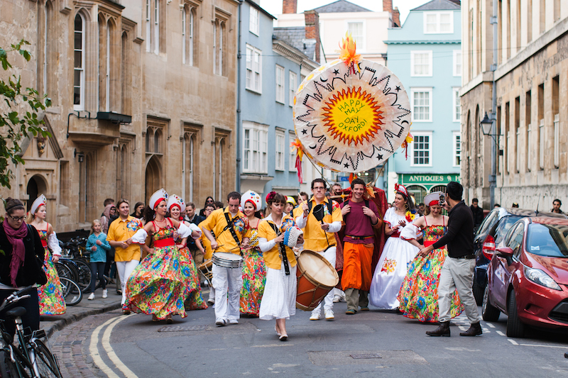 Sol Samba parading down New College Lane in Oxford on May Morning 2011