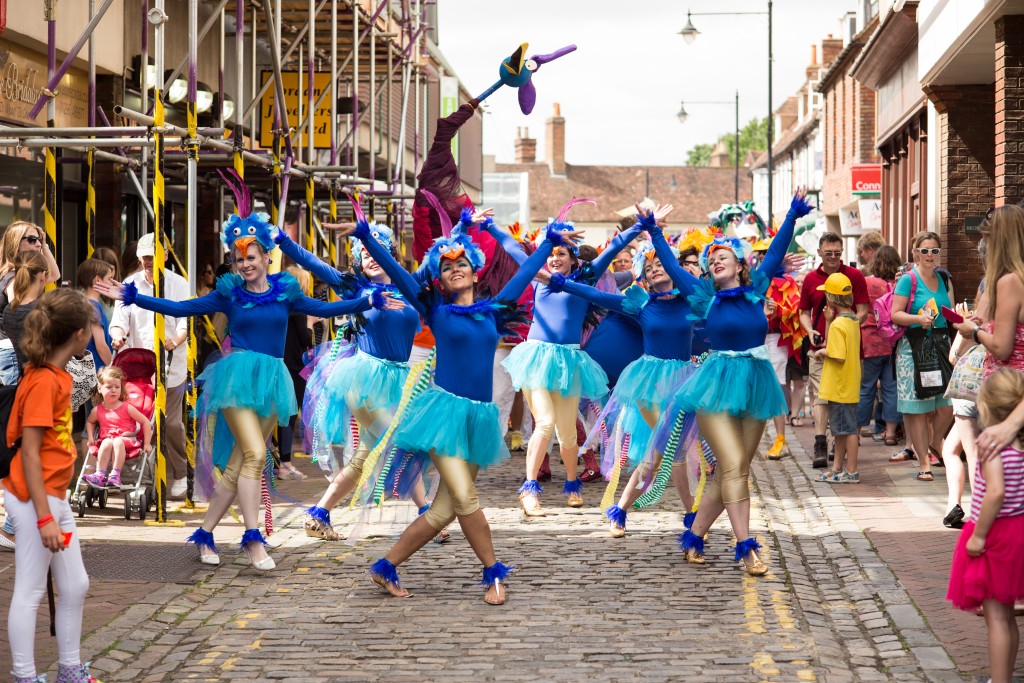 Sol Samba dancers performing as Roly Poly Birds at Aylesbury Roald Dahl Festival, 2015.